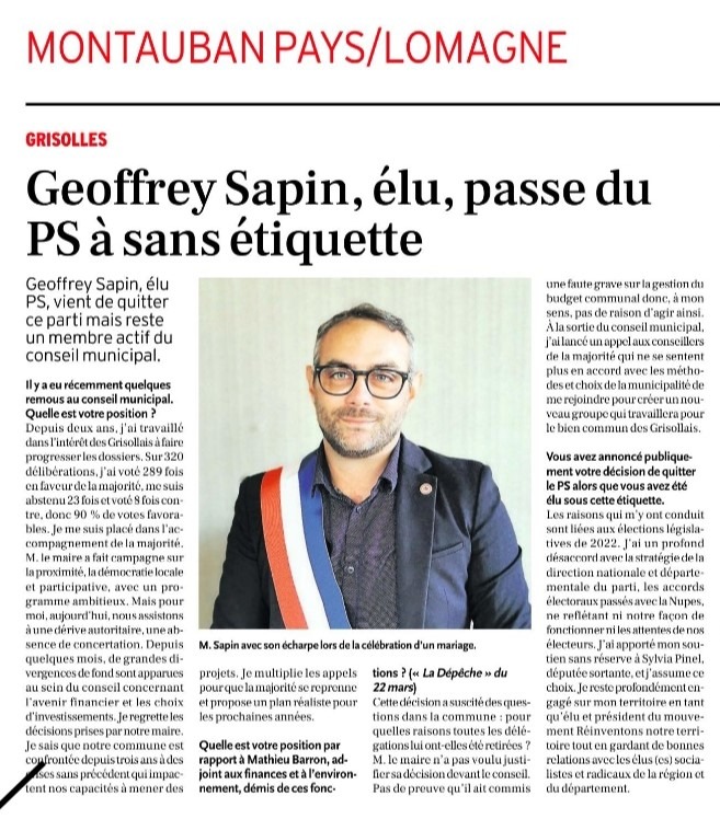 Geoffrey Sapin, élu, passe du PS à sans étiquette